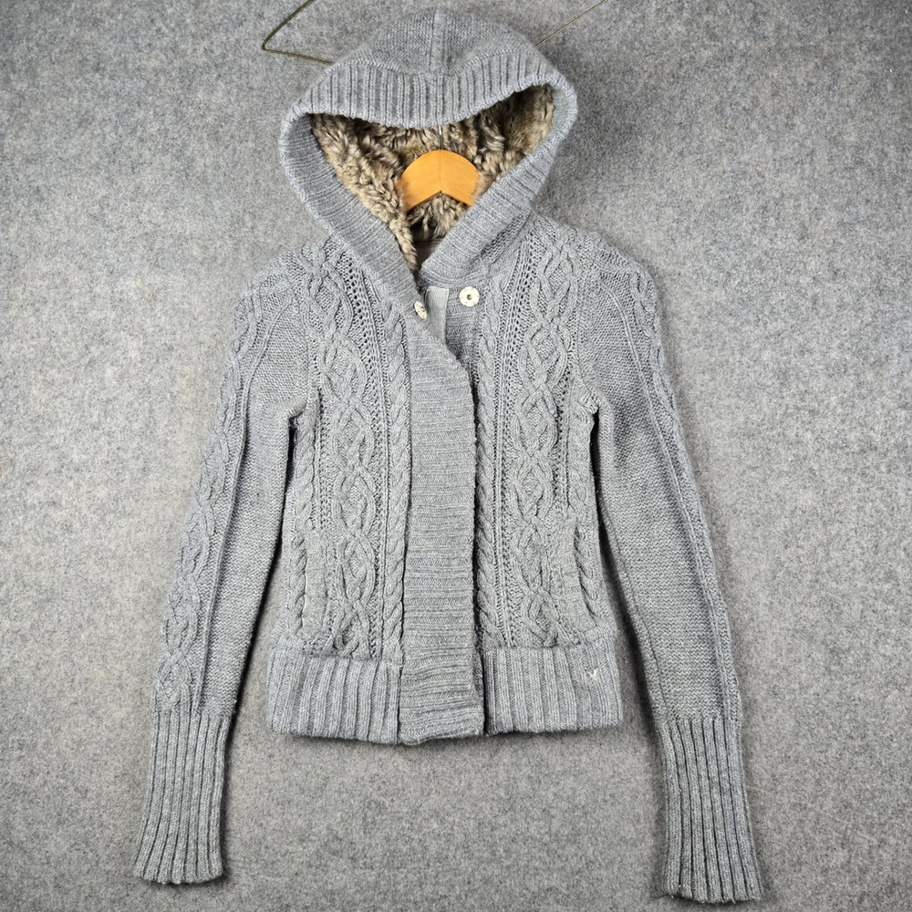 American Eagle Sweatshirt Womens XS Gray Faux Fur Hood Cable Knit Full Zip